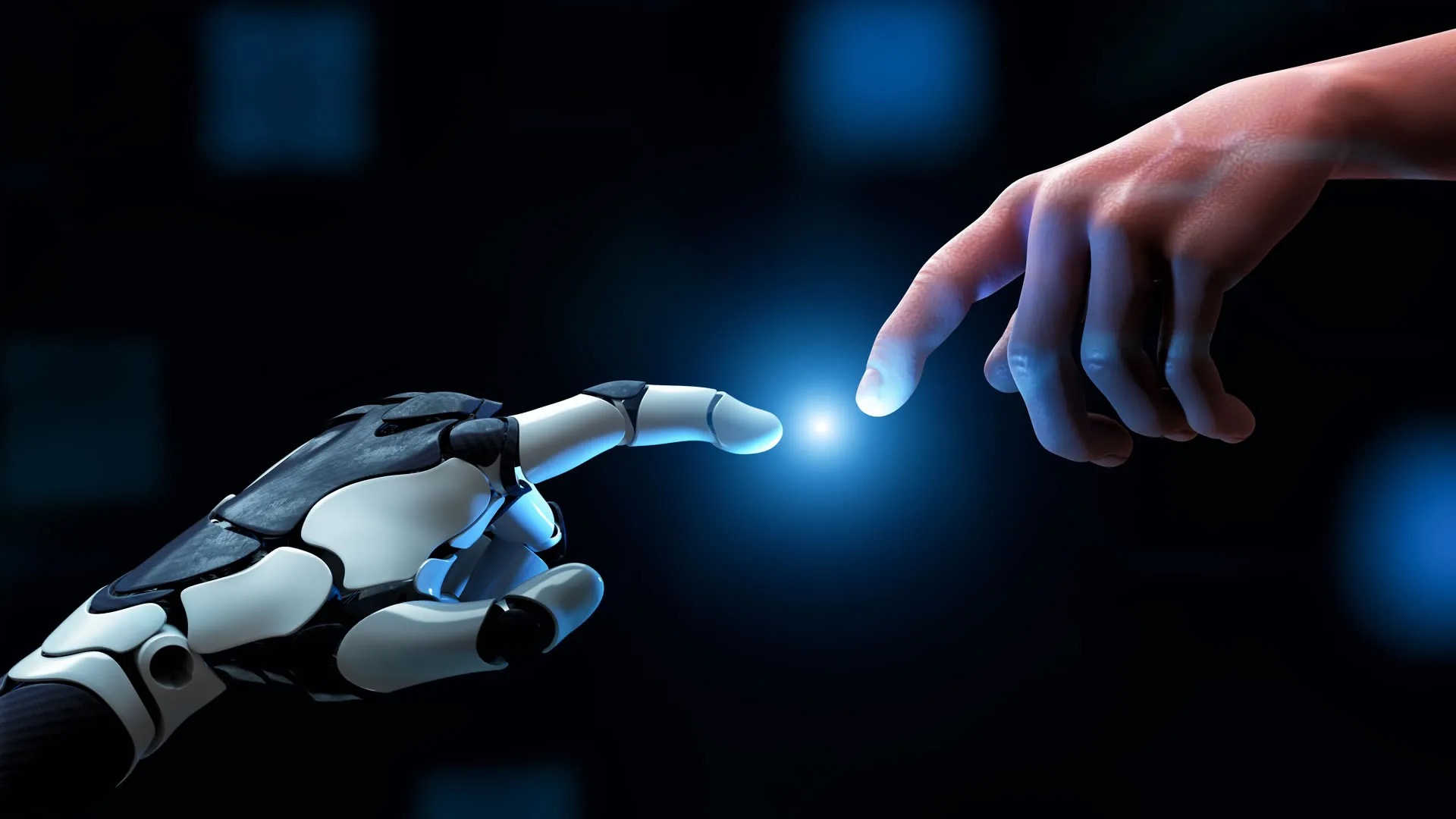 Mano robotica e mano umana che si incontrano